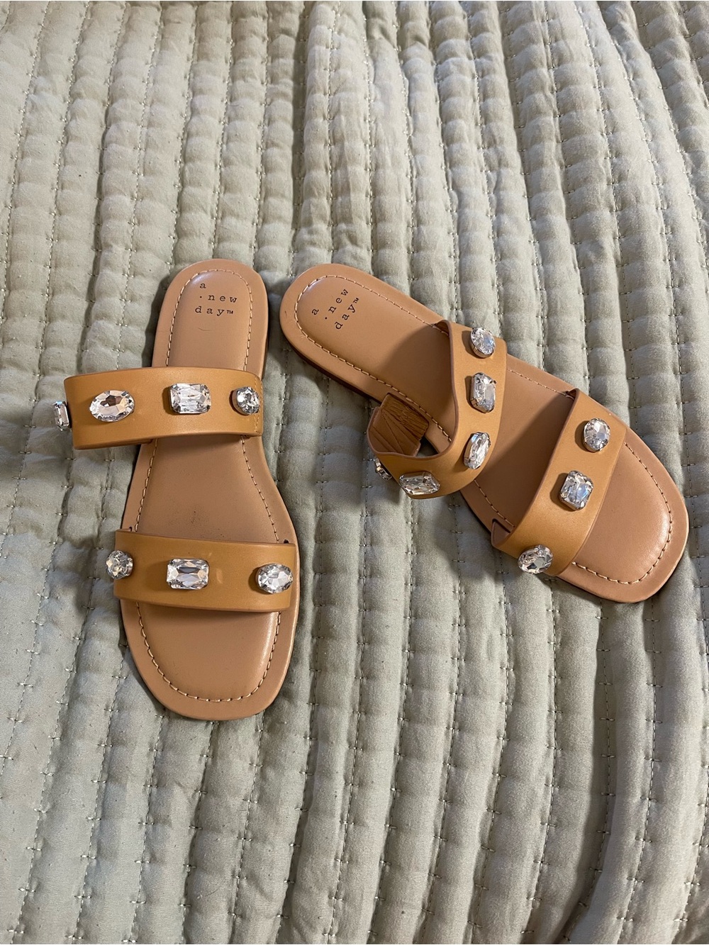 a new day Tan Jeweled Double-Strap Slide Sandals